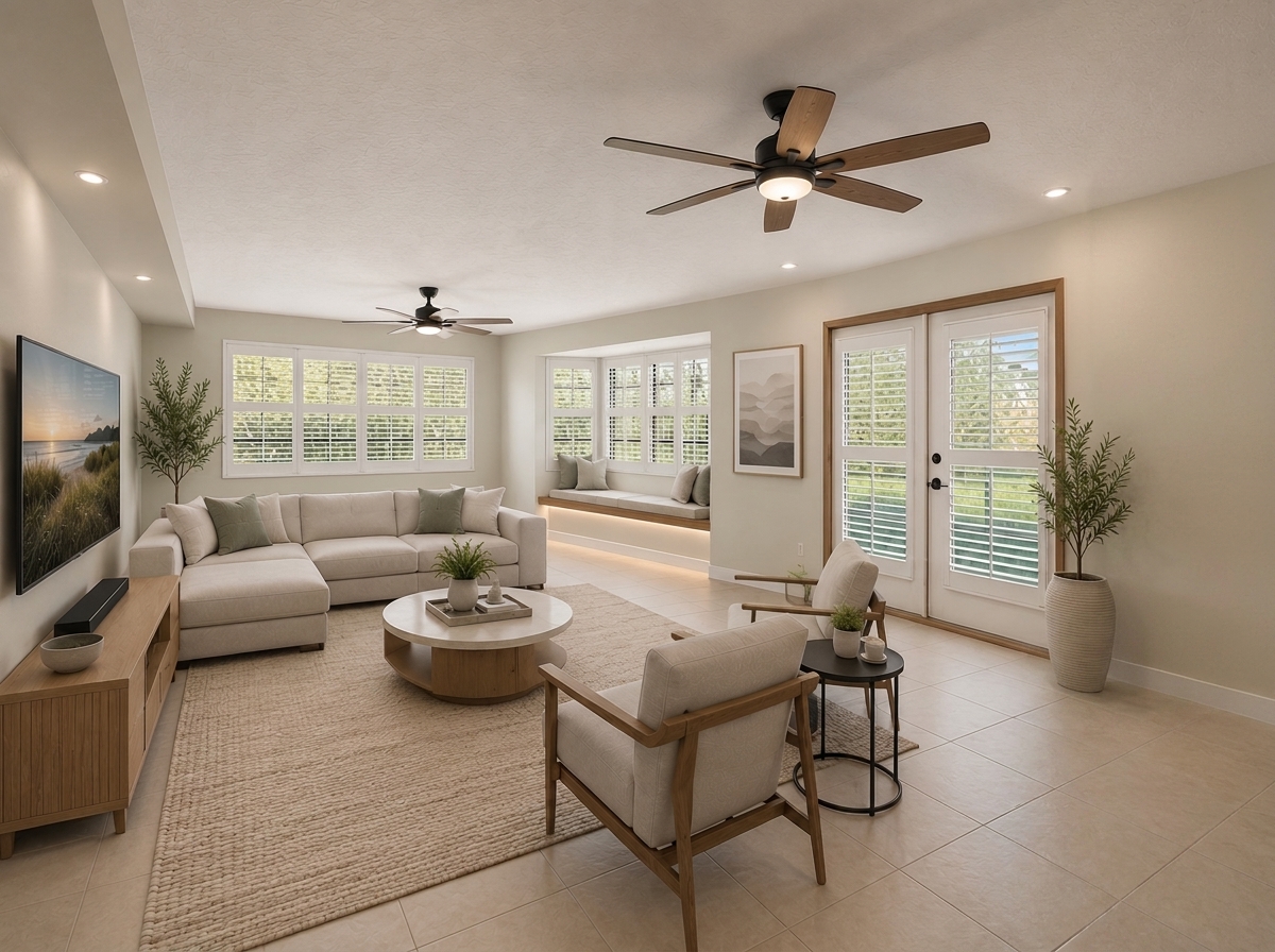AI-reimagined modern family room at 665 Moon Ranch Road Sebring FL