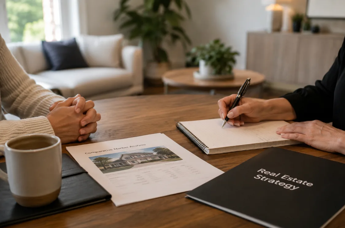 Real estate agent having an honest pricing conversation with a seller at a dining table, reviewing valuation documents