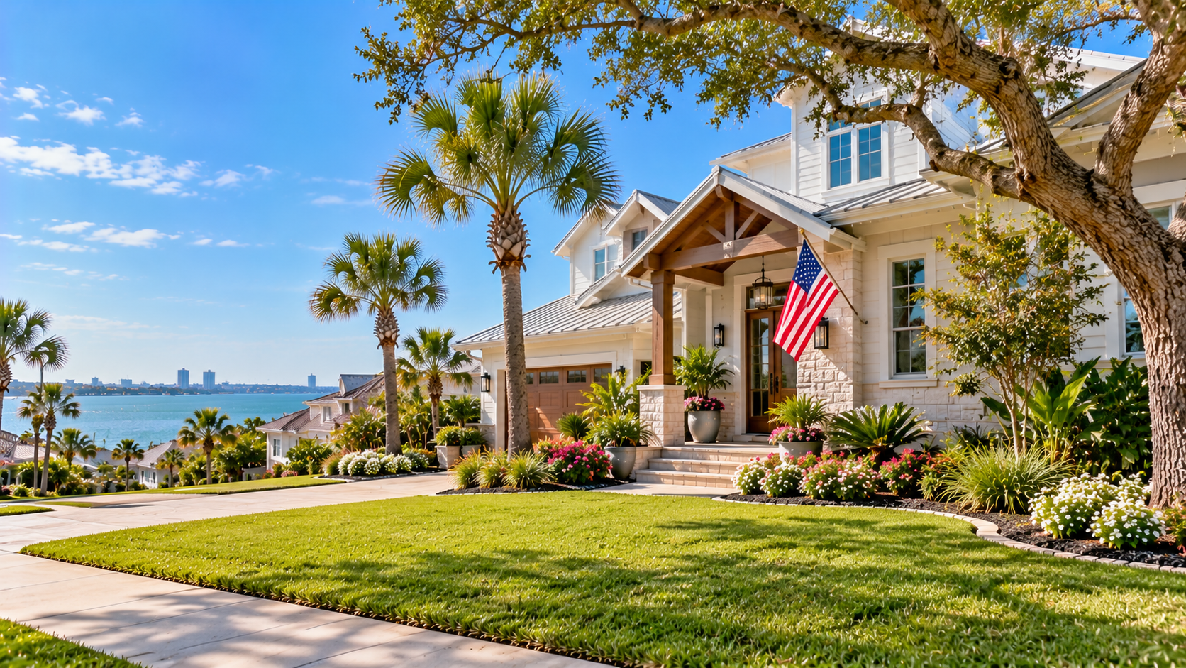 A bright coastal home with a well-manicured lawn, palm trees, and lush landscaping, an American flag by the entryway, and a view of the bay with a distant cityscape under a sunny sky.
