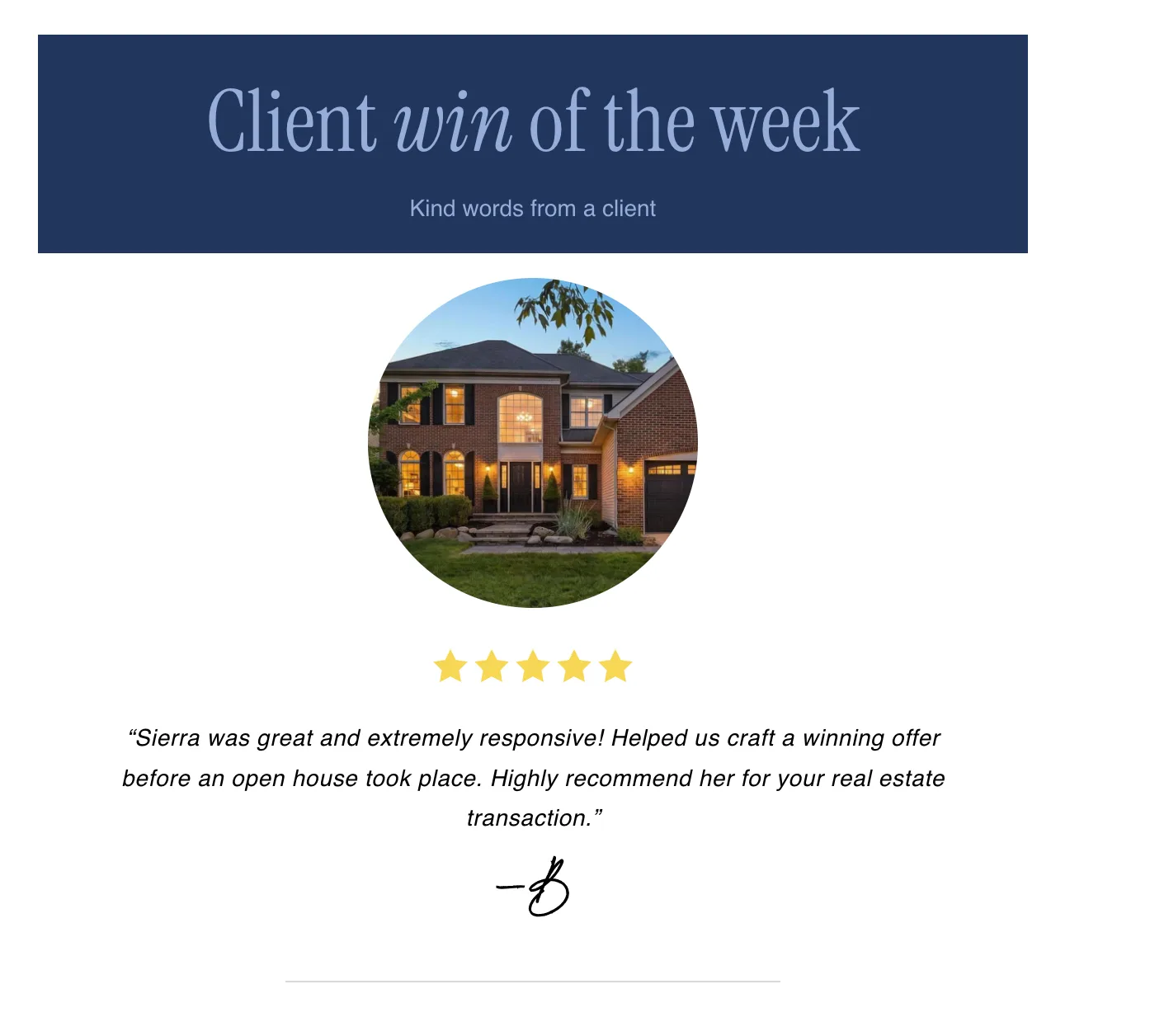 Client win of the week testimonial graphic from The Ann Arbor Edit