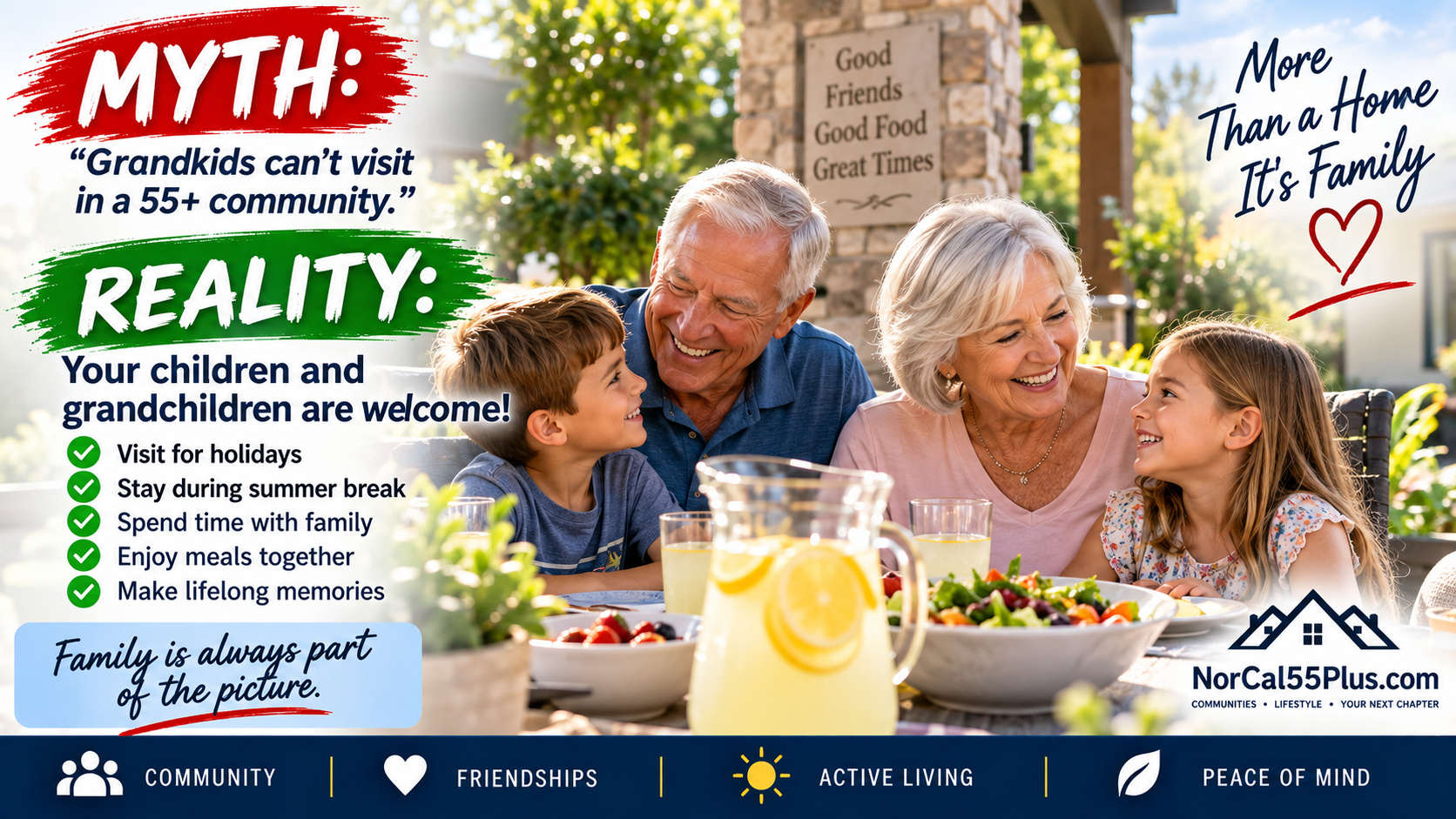 Video slide with an emotional close reinforcing the truth about 55+ communities: more lifestyle, not less family