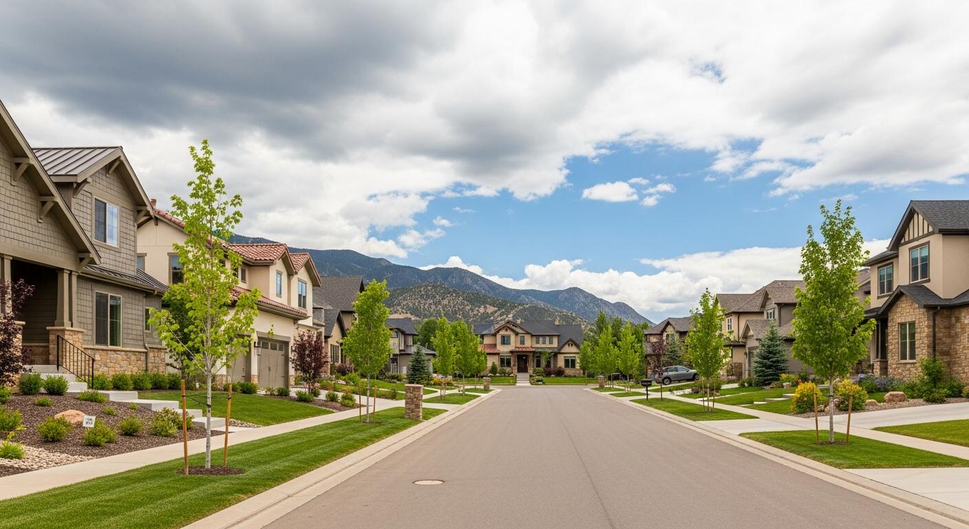 New construction neighborhood street in Colorado Springs with mountain views