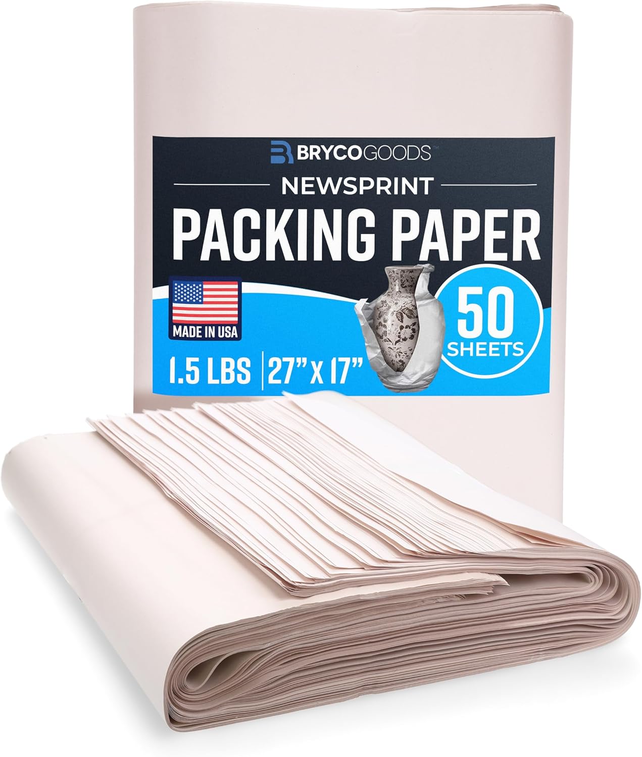 Bryco Goods Newsprint Packing Paper Sheets for Moving - 1.5lb - 50 Sheets of Newspaper Paper