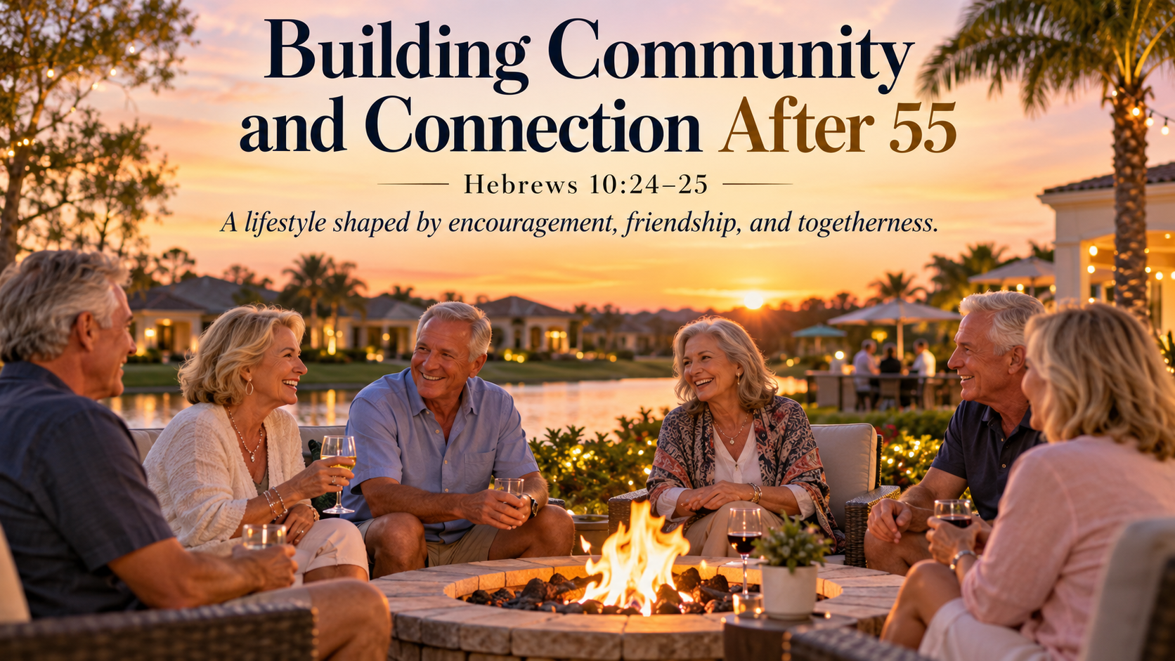 Adults gathered around a fire pit at sunset in a 55+ community, Hebrews 10:24-25