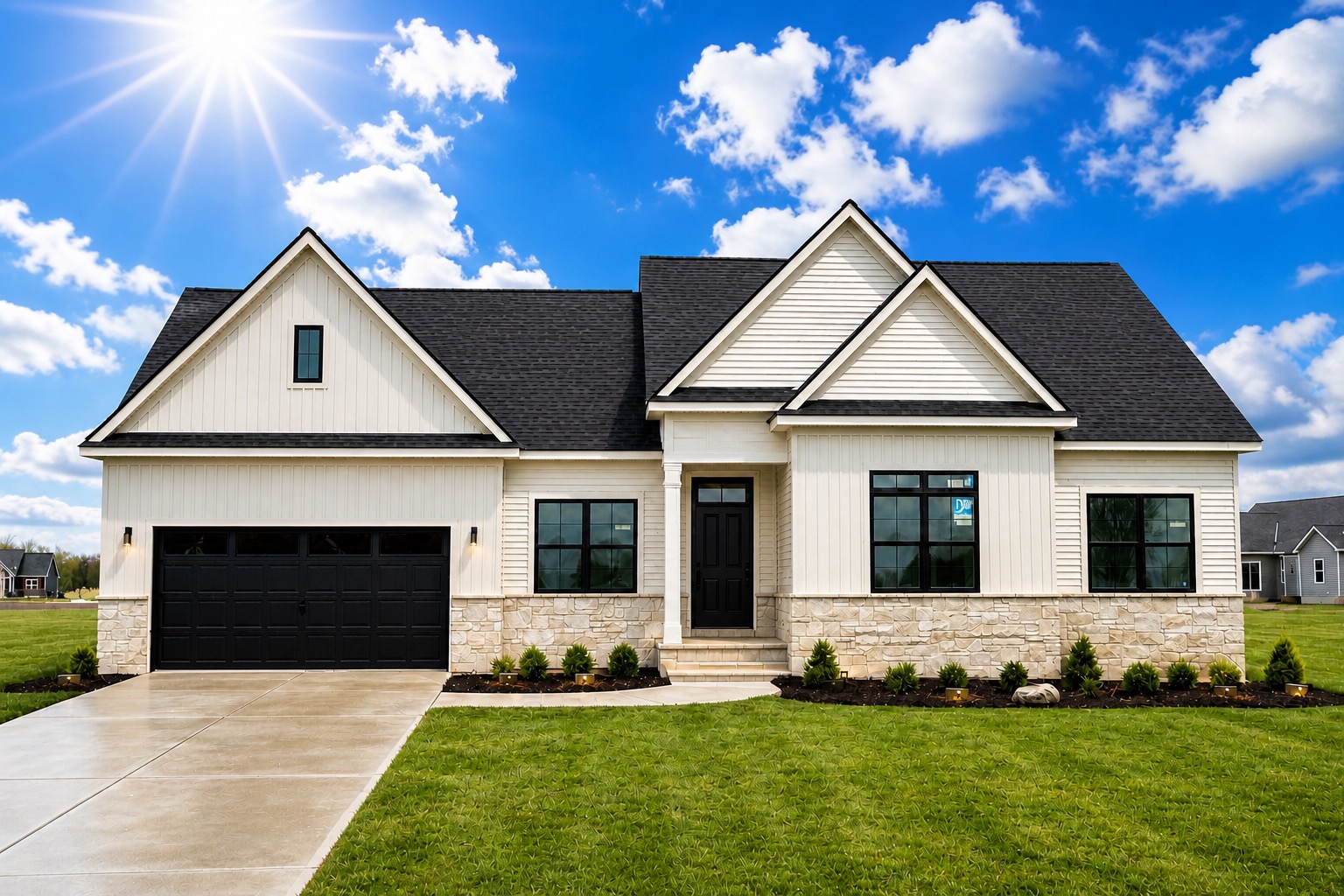 Modern Farmhouse exterior by Big Sky Development with white board-and-batten siding, stone veneer, black window frames and trim, and a multi-gable roofline