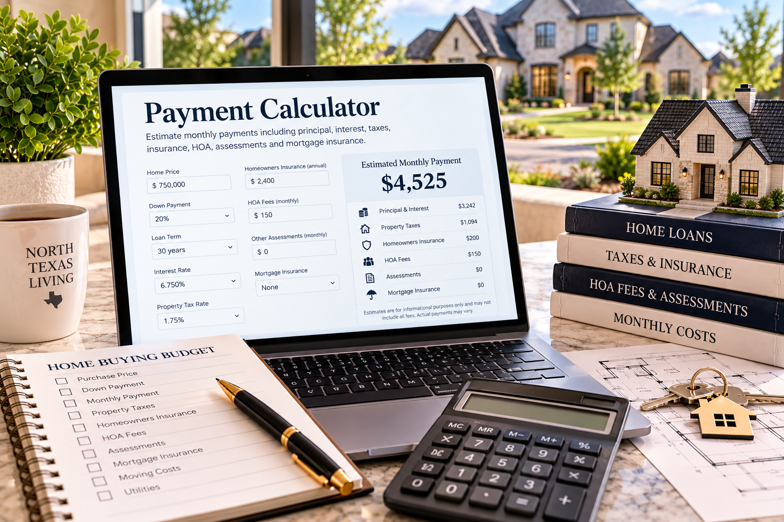 A mortgage payment planning workspace with a calculator, budget notes, and paperwork spread out to estimate a new-build monthly payment