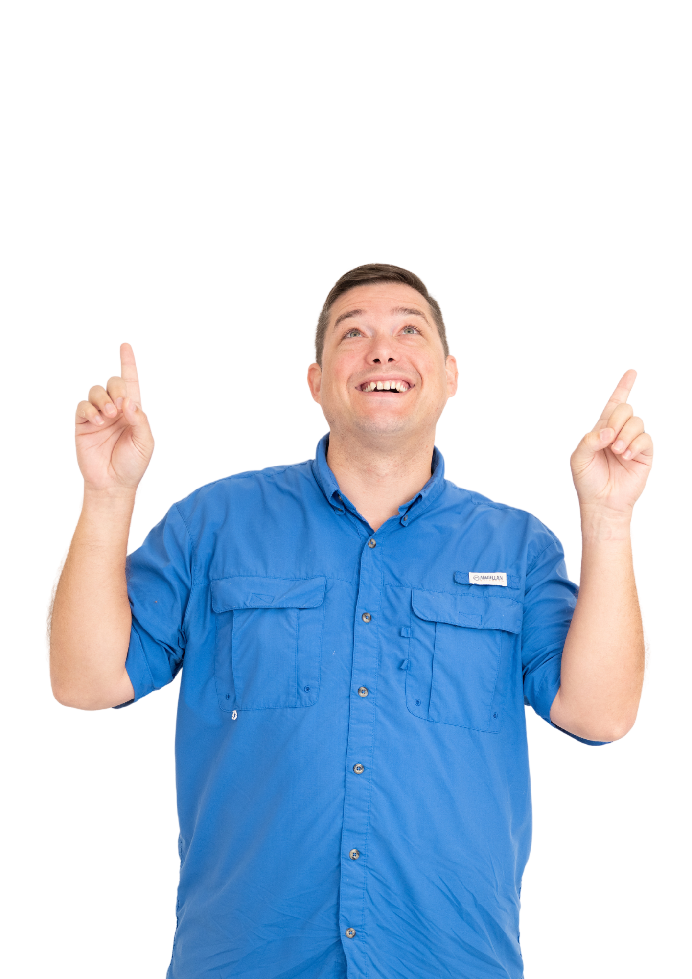 Tyler Gibson pointing up with both hands