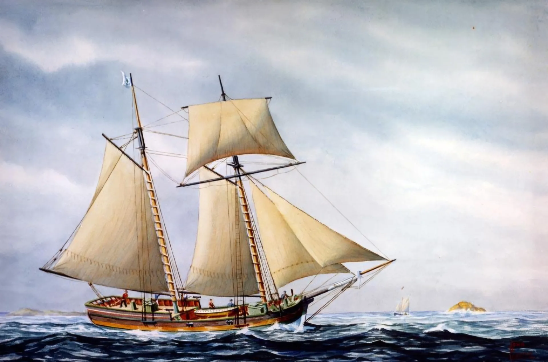 An artist's depiction of the schooner Hannah under sail at sea