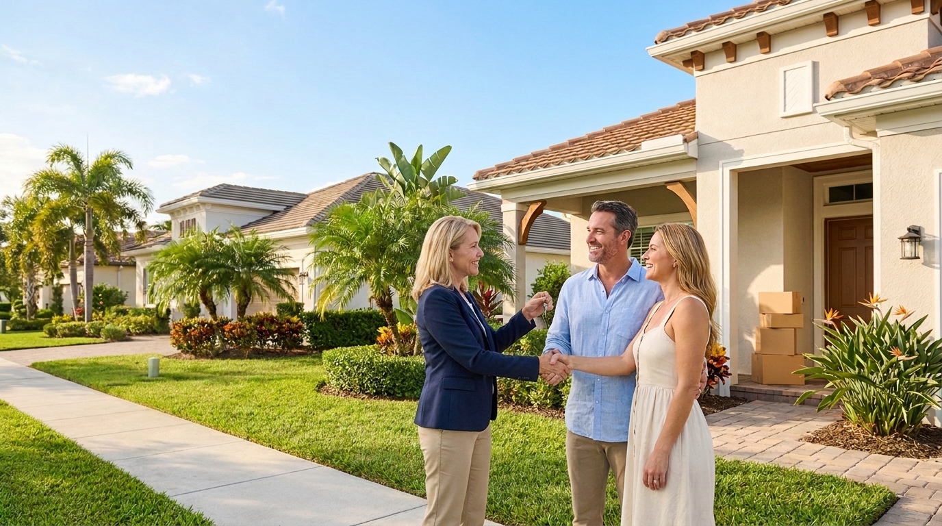 Happy clients shaking hands after a successful real estate closing in Palm Beach County