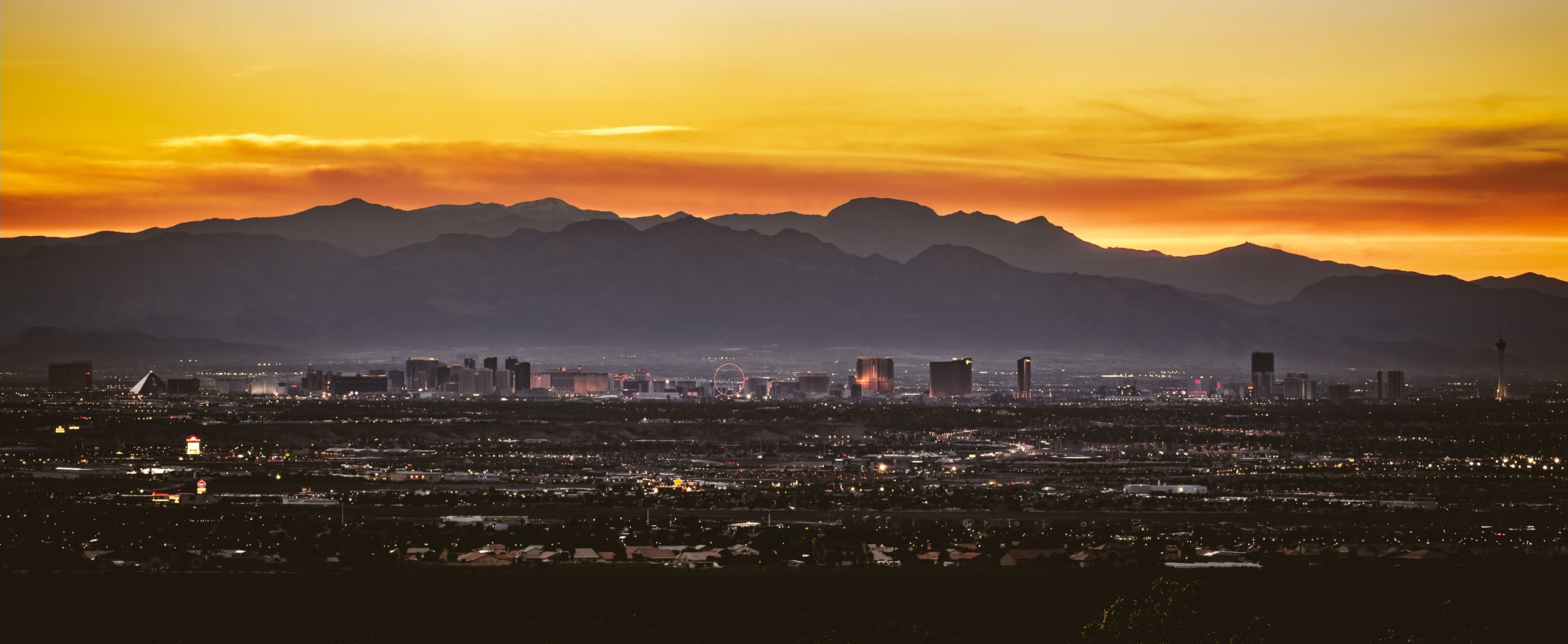 The Las Vegas Strip with iconic hotels and casinos illuminated at night