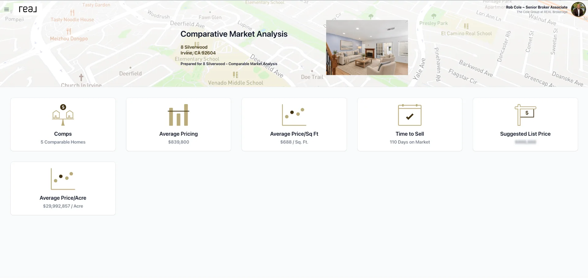 Comparative market analysis for 8 Silverwood, Irvine showing the property photo, map, and market metric tiles