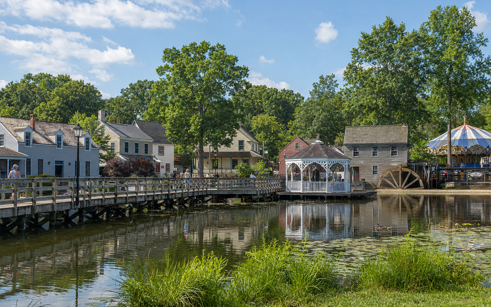 A picturesque lakefront view of the Historic Smithville Village Green with a gazebo, footbridge, and colorful gardens