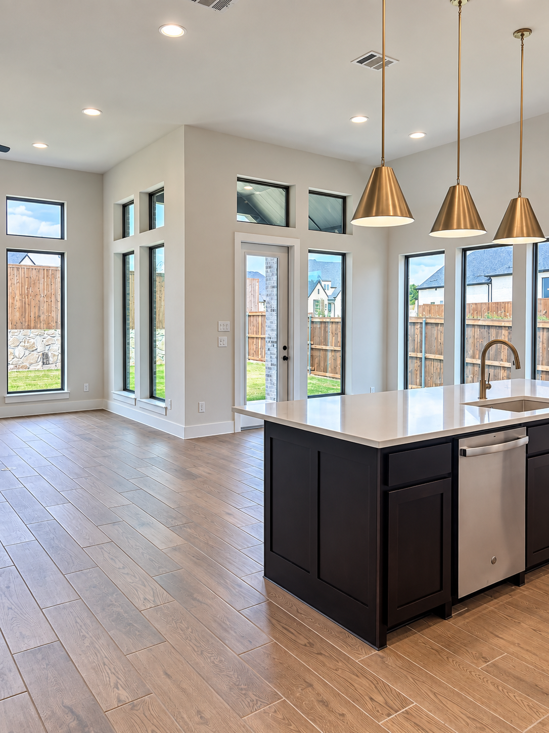 Open kitchen and great room with a large island, pendant lighting and backyard views, photographed during my Perry Homes visit in Celina.