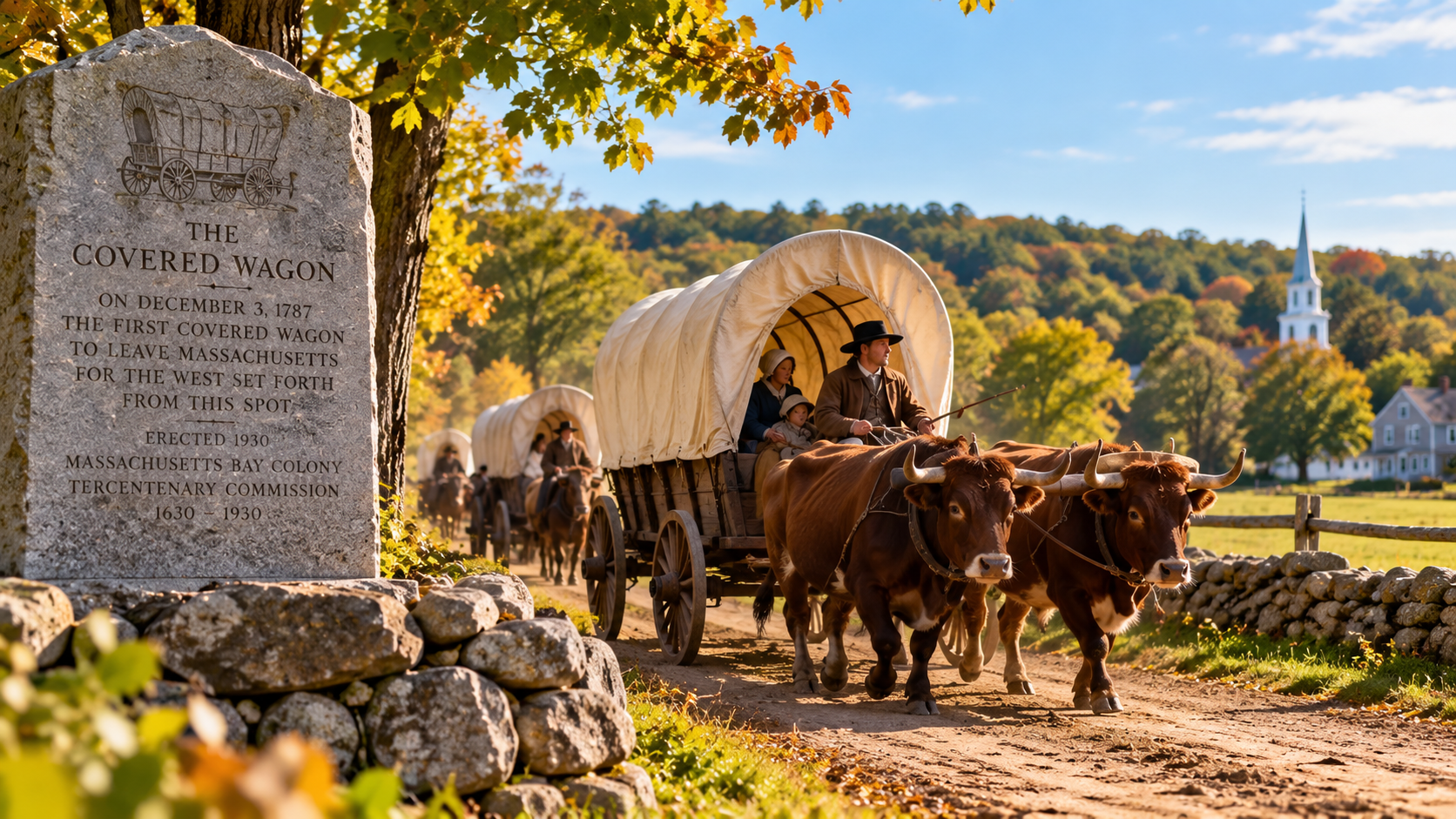 The Covered Wagon historical marker in Hamilton, MA, in the foreground, with covered wagons pulled by oxen along a dirt path, autumn trees, and a white church spire in the distance