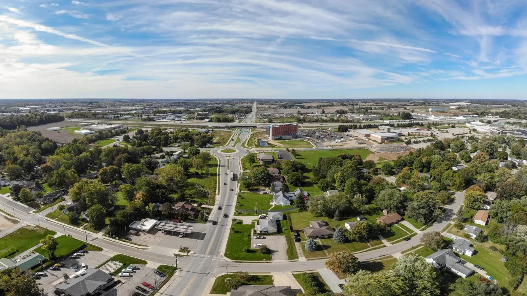 Aerial view of Westfield, Indiana showing a roundabout and residential streets