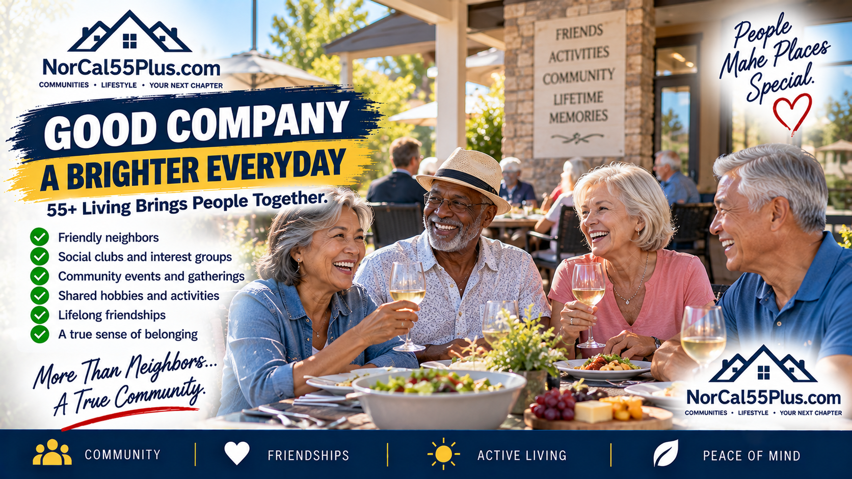 Video slide noting that NorCal55Plus covers about 35 active adult communities across Northern California