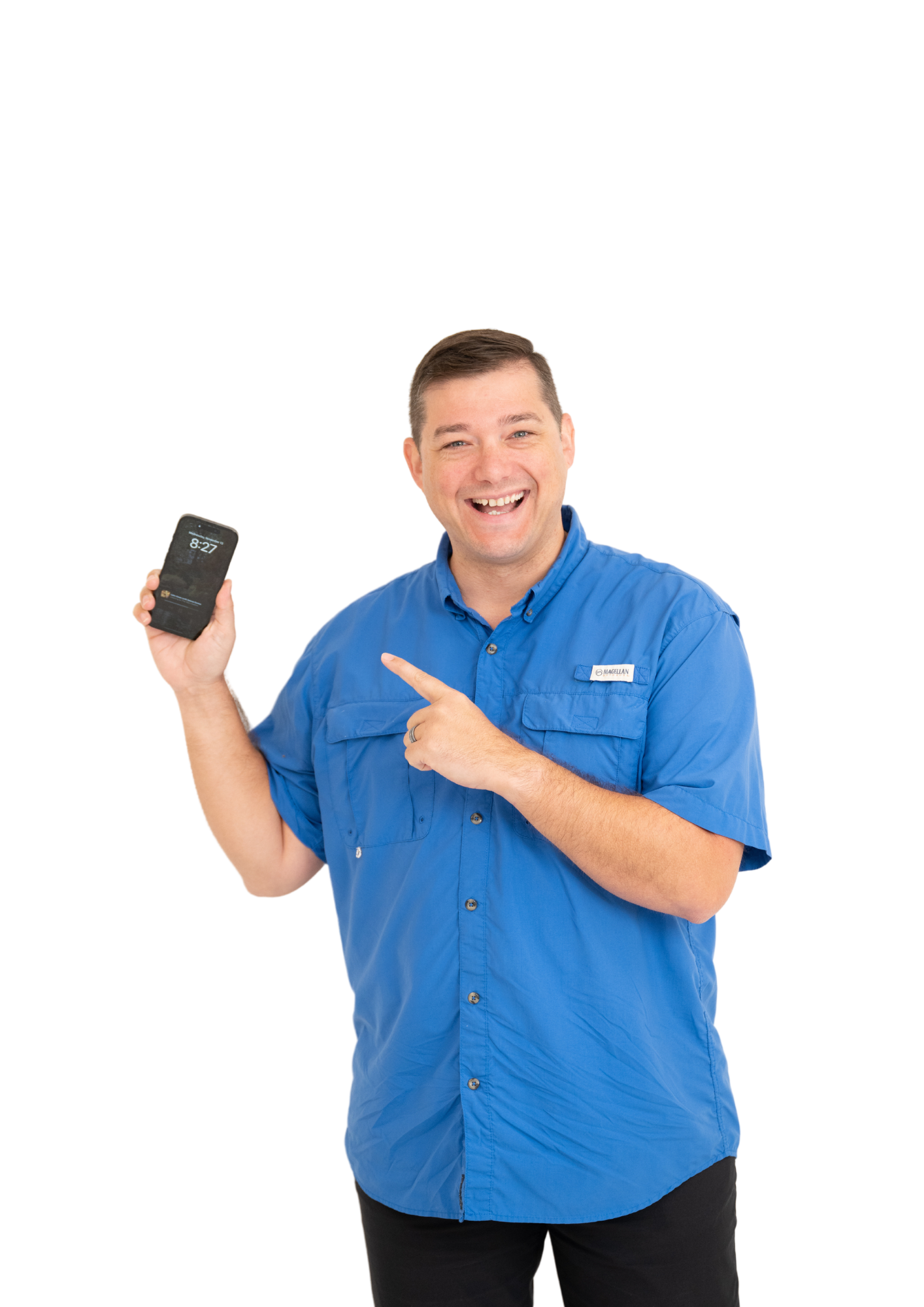 Tyler Gibson pointing at his phone