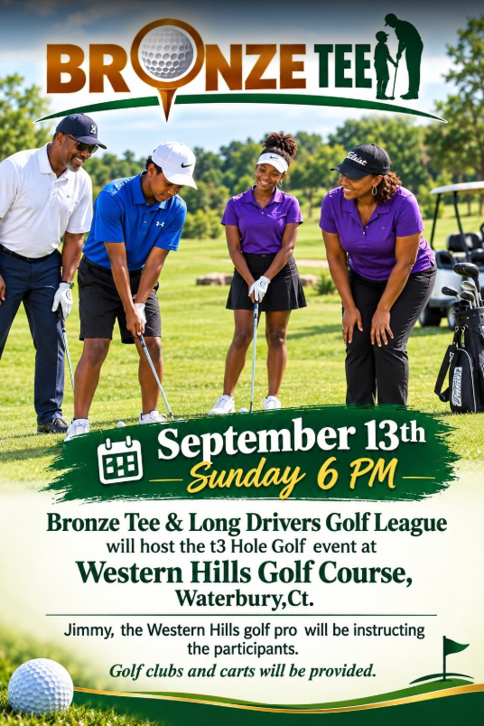 Event flyer for the Bronze Tee 3-hole golf event at Western Hills Golf Course in Waterbury, CT
