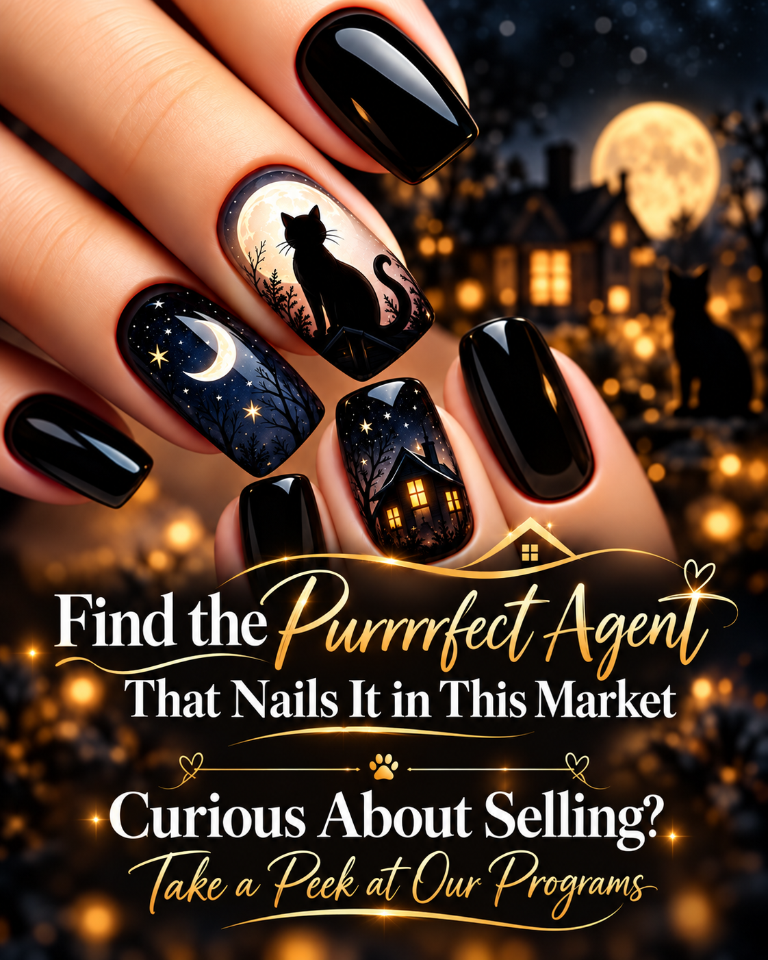 Halloween nail art with gold lettering reading The Agents That Nail It