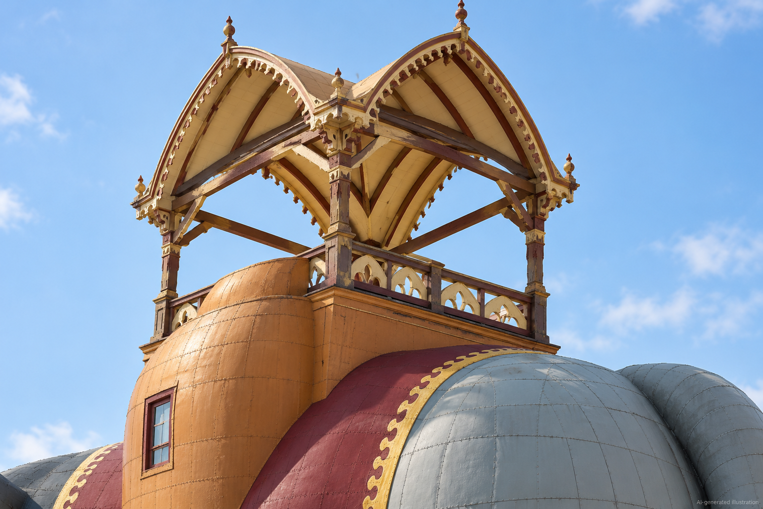 Close-up of Lucy the Elephant's ornately detailed howdah observation pavilion against a clear blue sky with wispy clouds, showing the Victorian-style arched canopies and decorative trim, with the label 'AI-generated illustration' in the bottom-right corner.