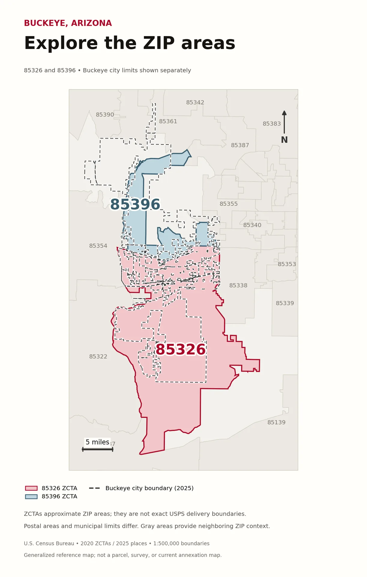 Census map highlighting Buckeye-area ZCTAs 85326 and 85396, with the 2025 Buckeye city boundary shown as a separate dashed outline.