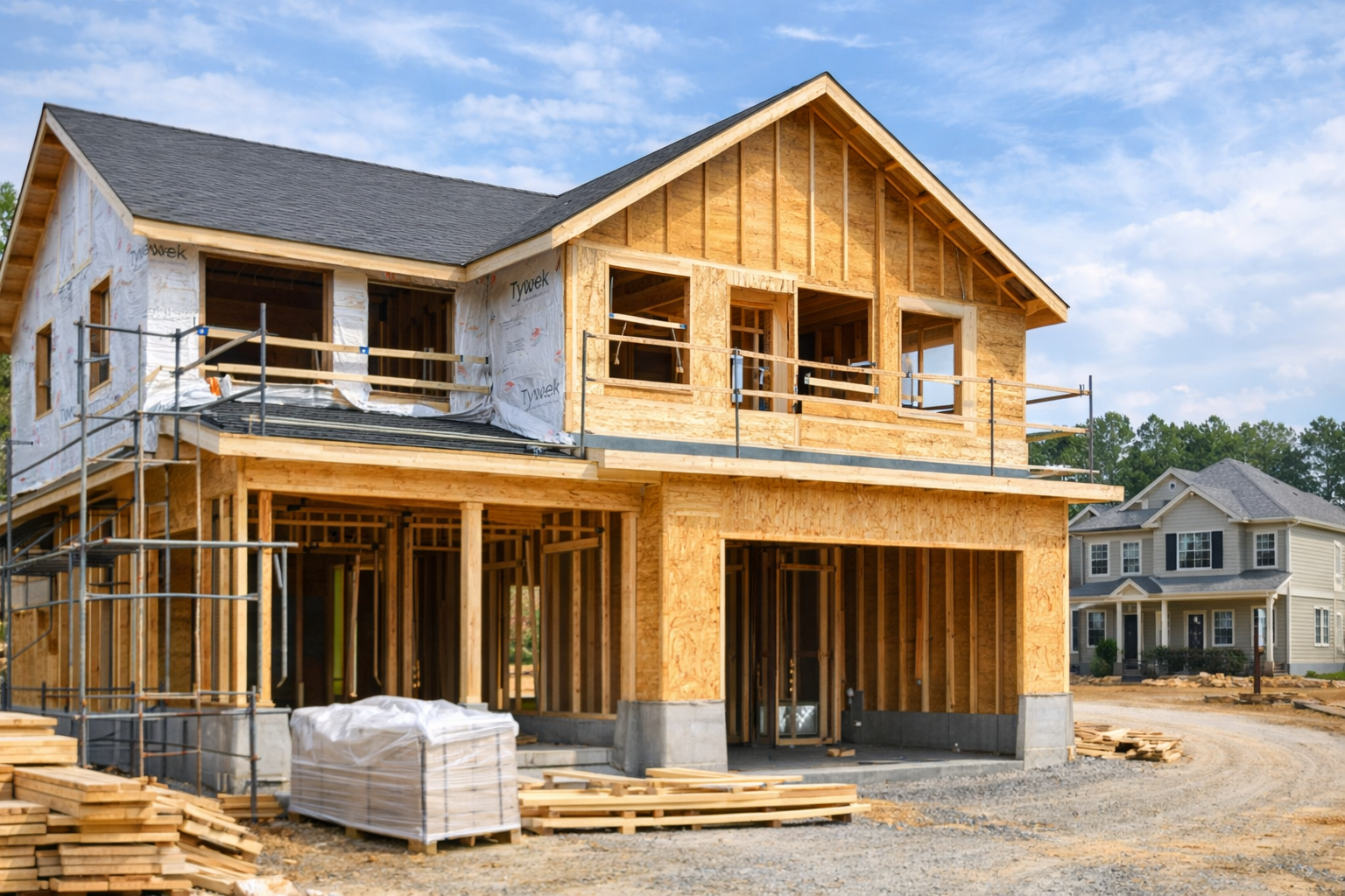 A two-story home under construction with wood framing, Tyvek wrap, and scaffolding against a blue sky