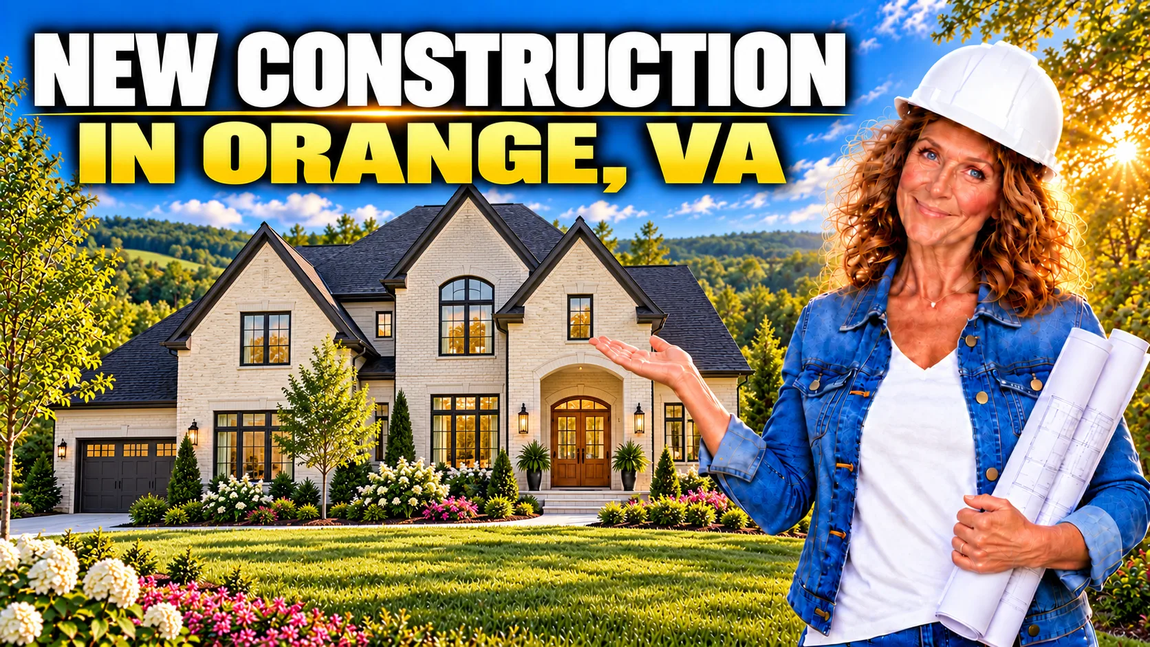 NEW CONSTRUCTION IN ORANGE, VA hero banner featuring Barbara Jennings in a hard hat holding blueprints in front of a new home at sunset