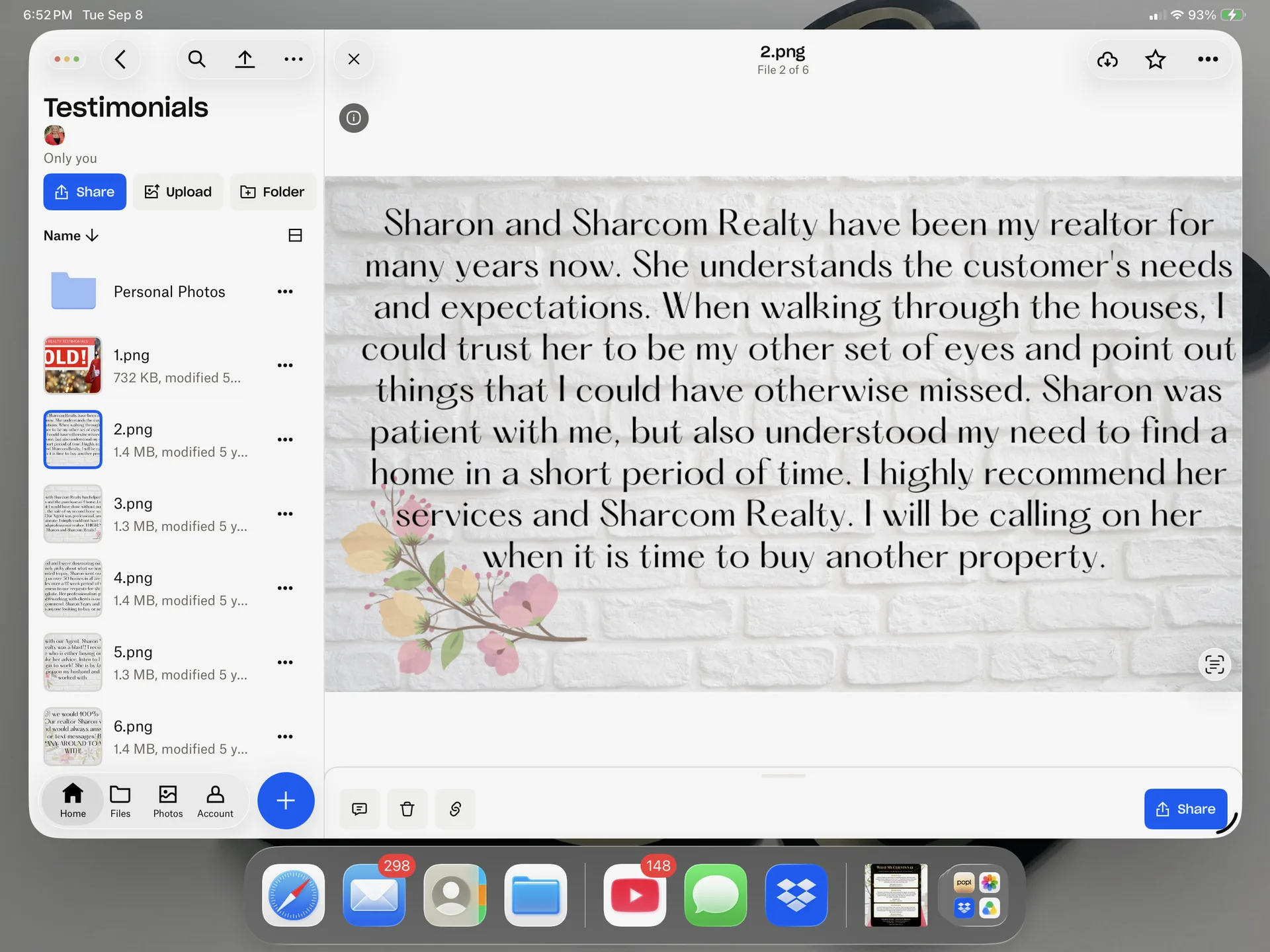 A testimonial card from a Sharcom Realty Group client recommending Sharon Yeary