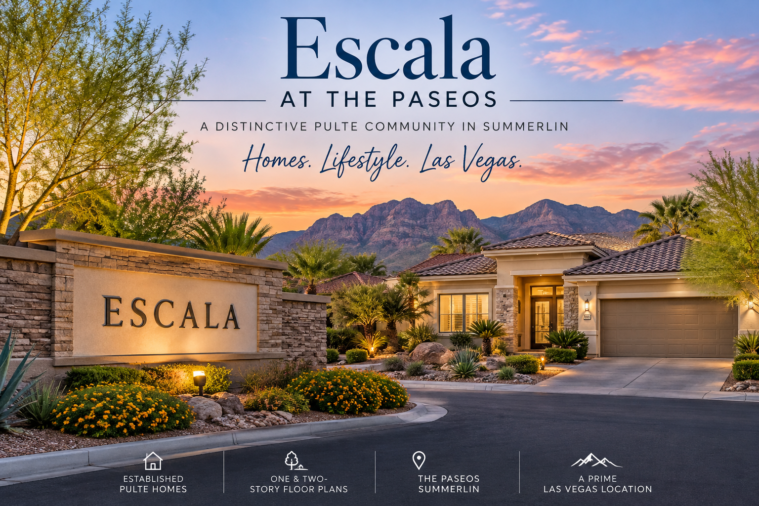 Escala at The Paseos in Summerlin, featuring established Pulte-style homes and Las Vegas desert landscaping