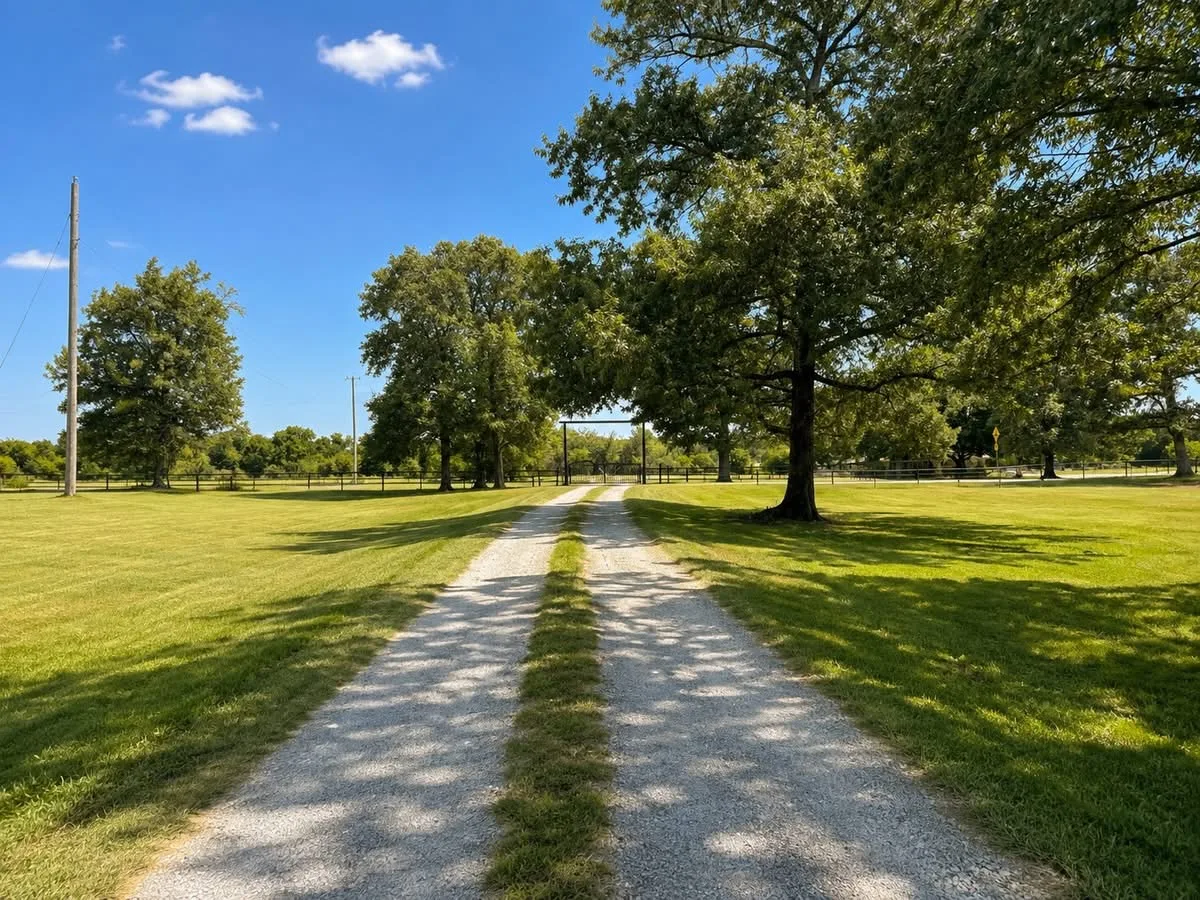 A scenic gravel driveway leading through a large grassy property with mature trees under a bright blue sky in Lamar County, Texas
