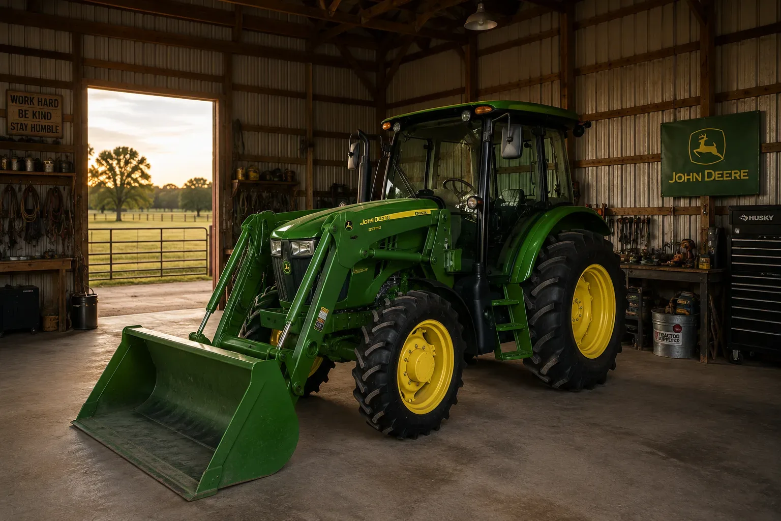 A green tractor parked inside a rustic wooden barn with an open field beyond at sunset in Northeast Texas