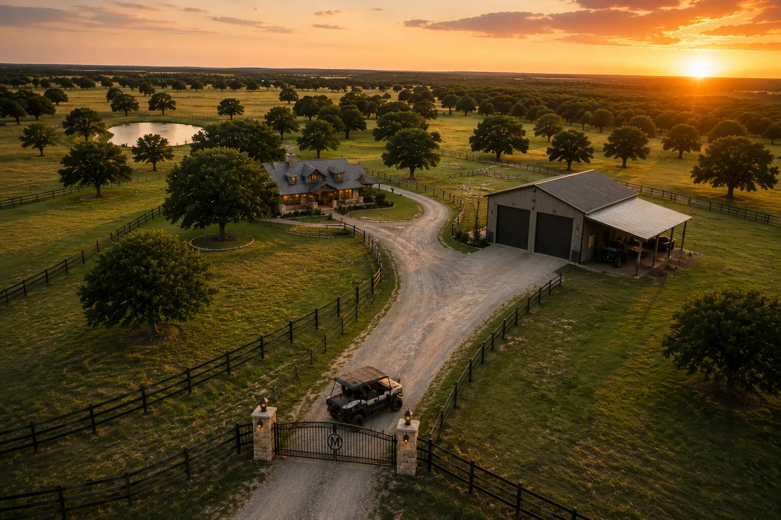 Aerial view of a country estate at sunset in Lamar County, Texas