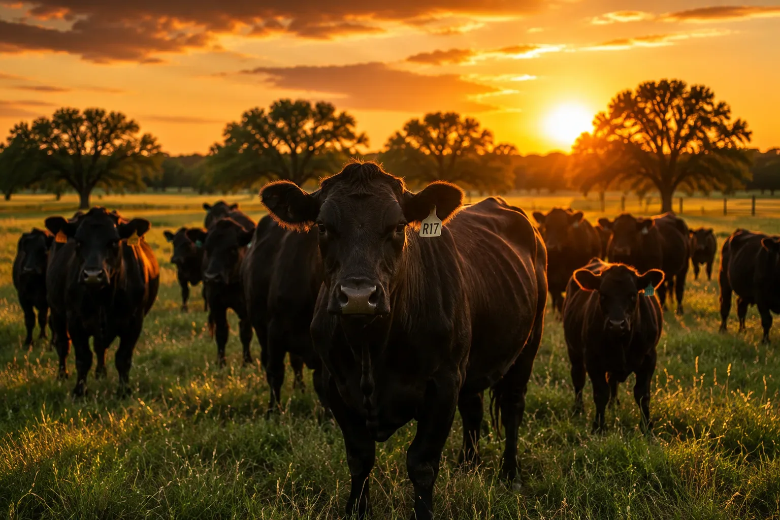 A herd of black cattle grazing in a grassy field during a vibrant golden-hour sunset in Northeast Texas