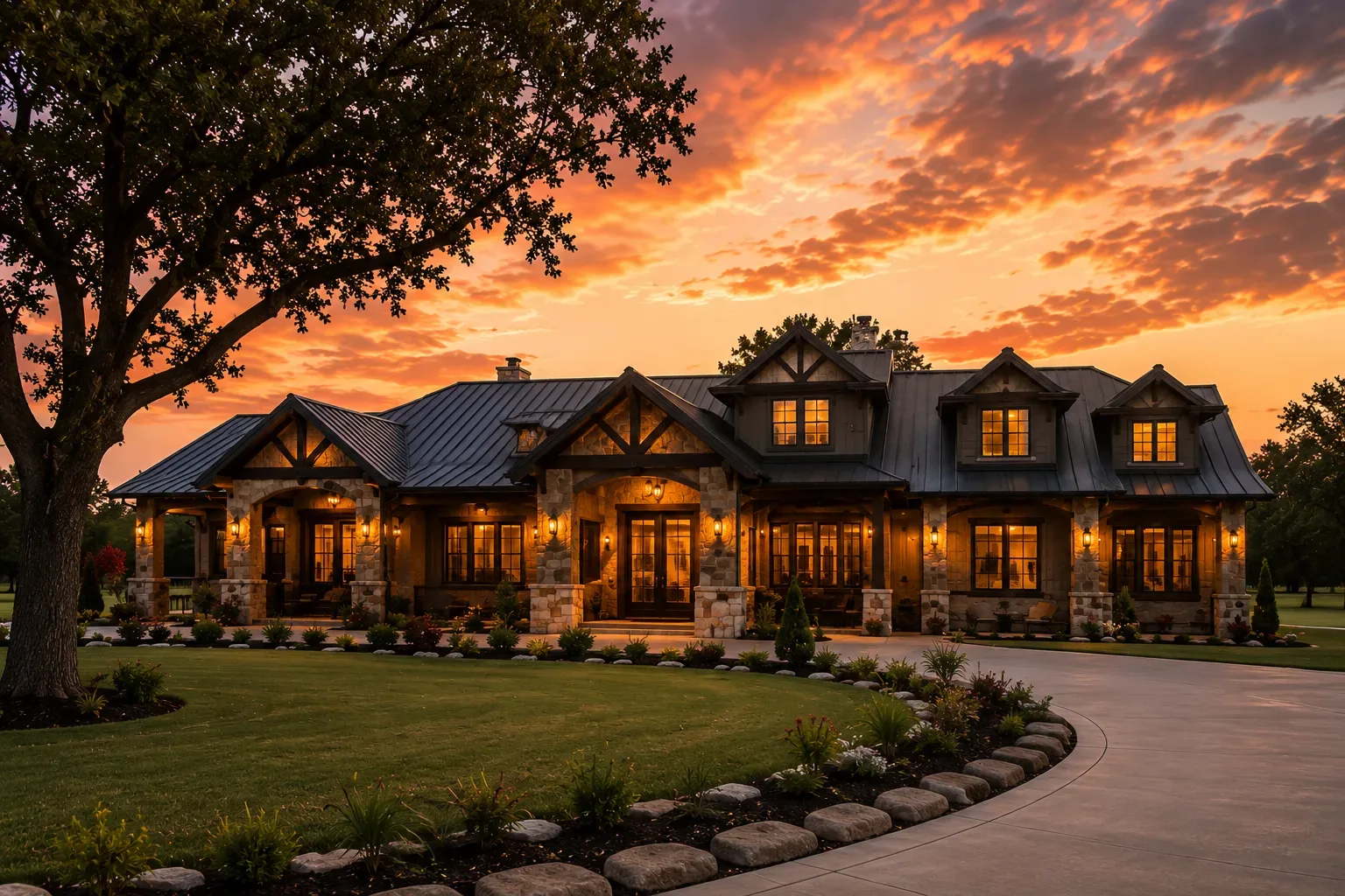 A high-end luxury residential home at sunset with warm exterior lighting and a circular driveway in Northeast Texas