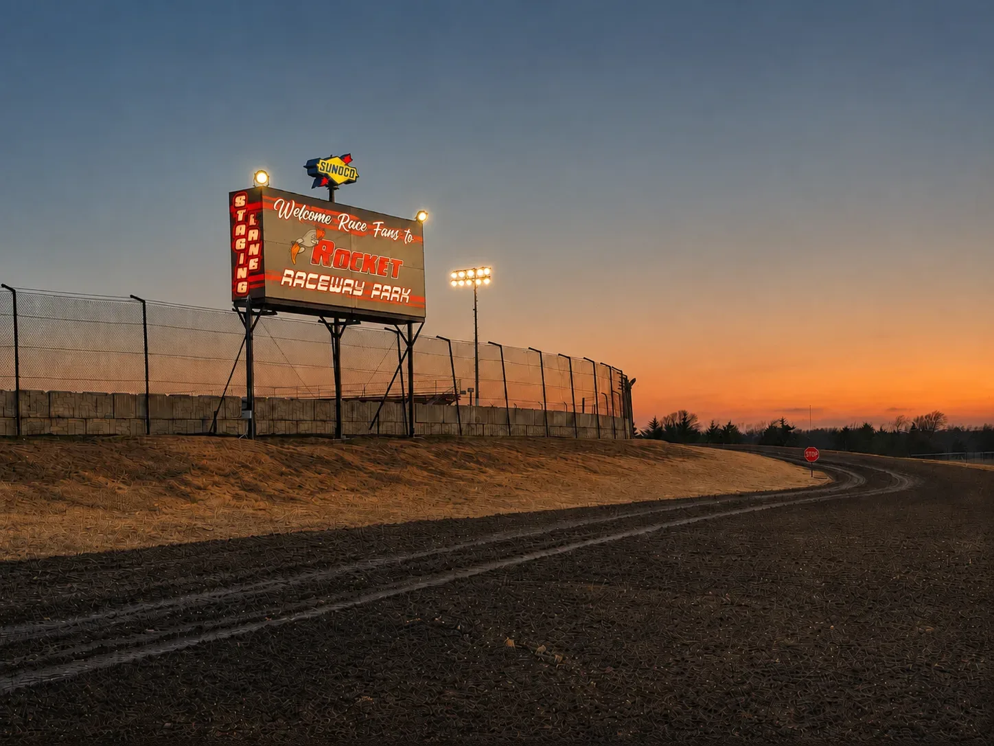 Illuminated Rocket Raceway Park entrance sign at dusk in Paris, Texas