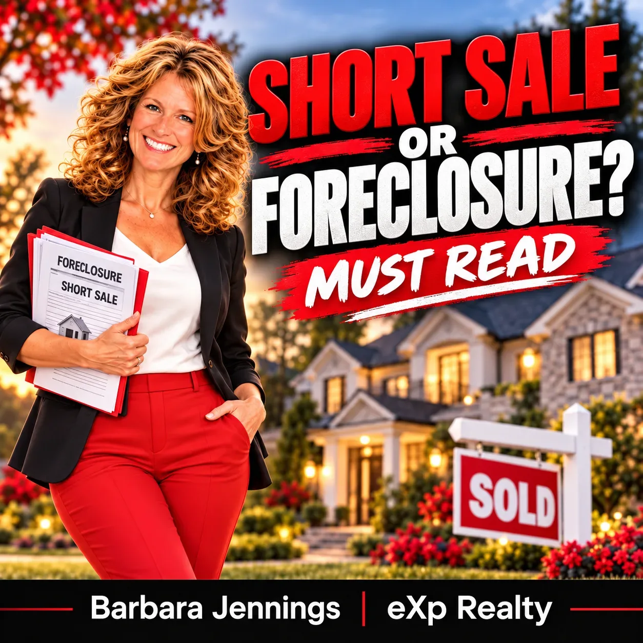 Barbara Jennings standing in front of a sold home holding a folder labeled Short Sale and Foreclosure