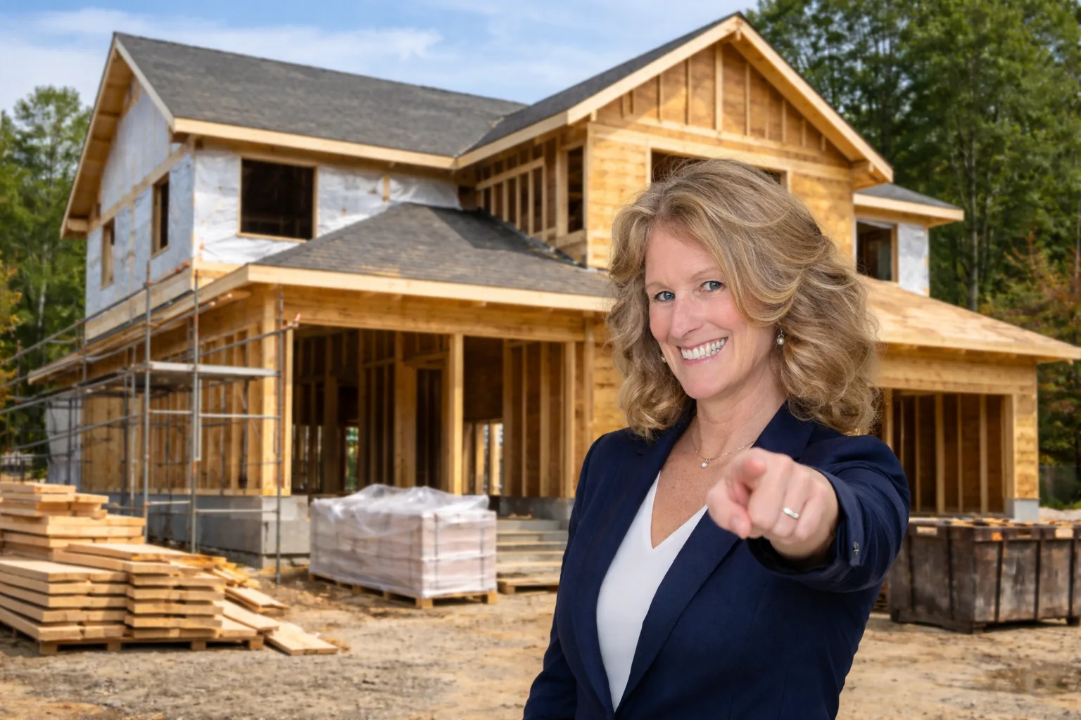 Barbara Jennings, smiling and pointing toward a new construction home in Virginia