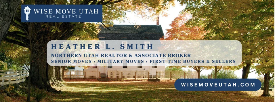 Promotional banner for Heather L. Smith and Wise Move Utah featuring a white house among autumn trees