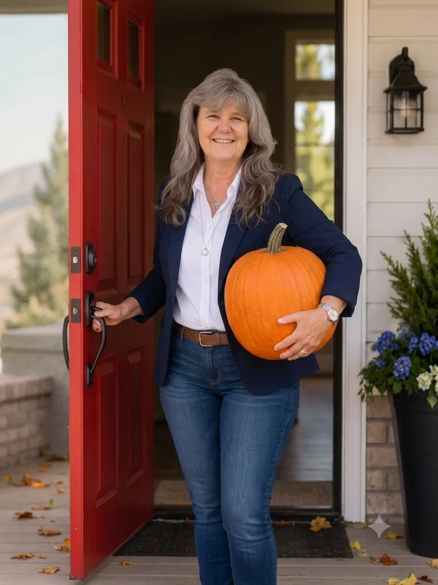 Heather L. Smith standing in a red doorway holding a pumpkin, Realtor and Associate Broker at Wise Move Utah