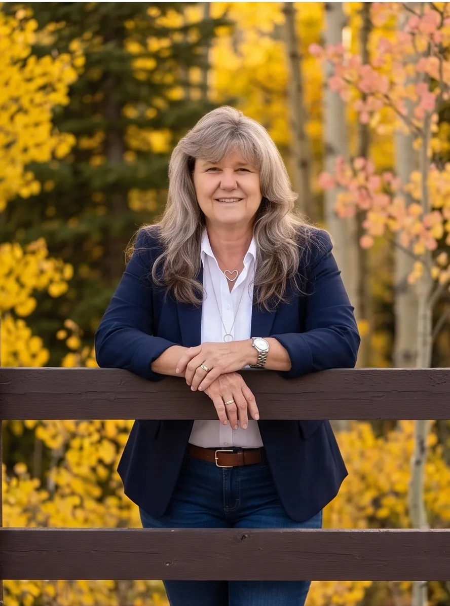 Heather L. Smith in a navy blazer leaning on a wooden fence with yellow autumn trees behind her