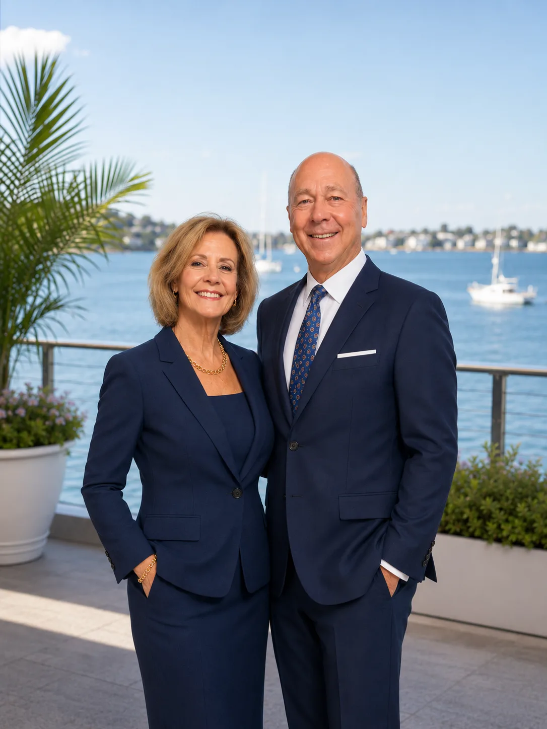 Vic and Amy Petrenko, luxury real estate advisors on a waterfront deck