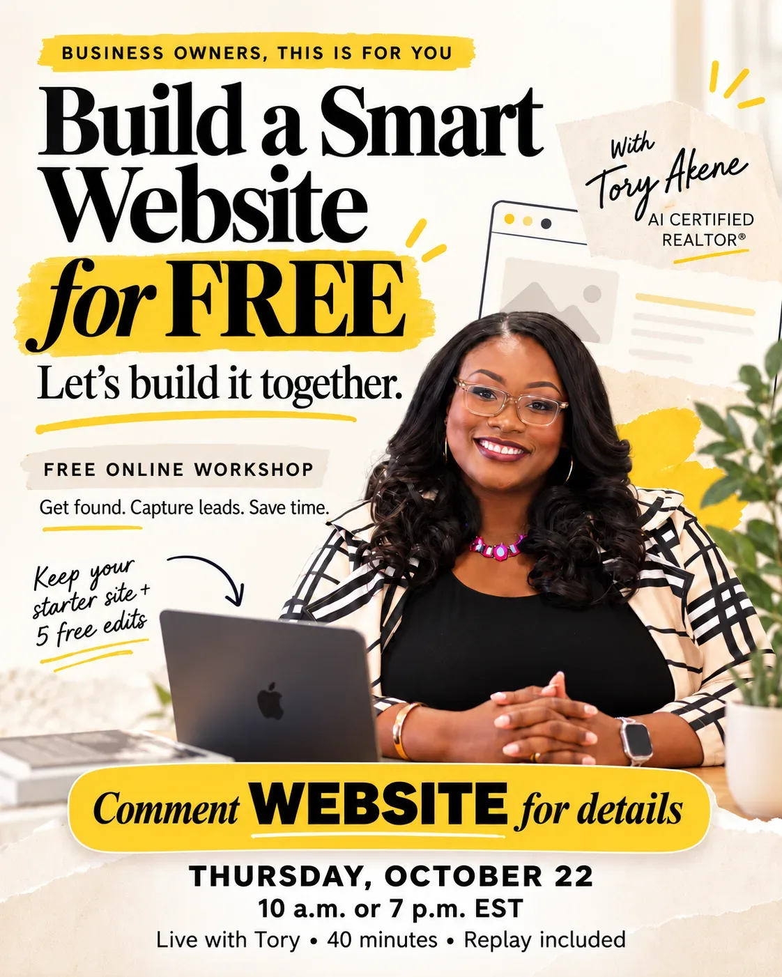 Flyer for Tory Akene's free smart website workshop on October 22, with Tory at her desk and the session times listed