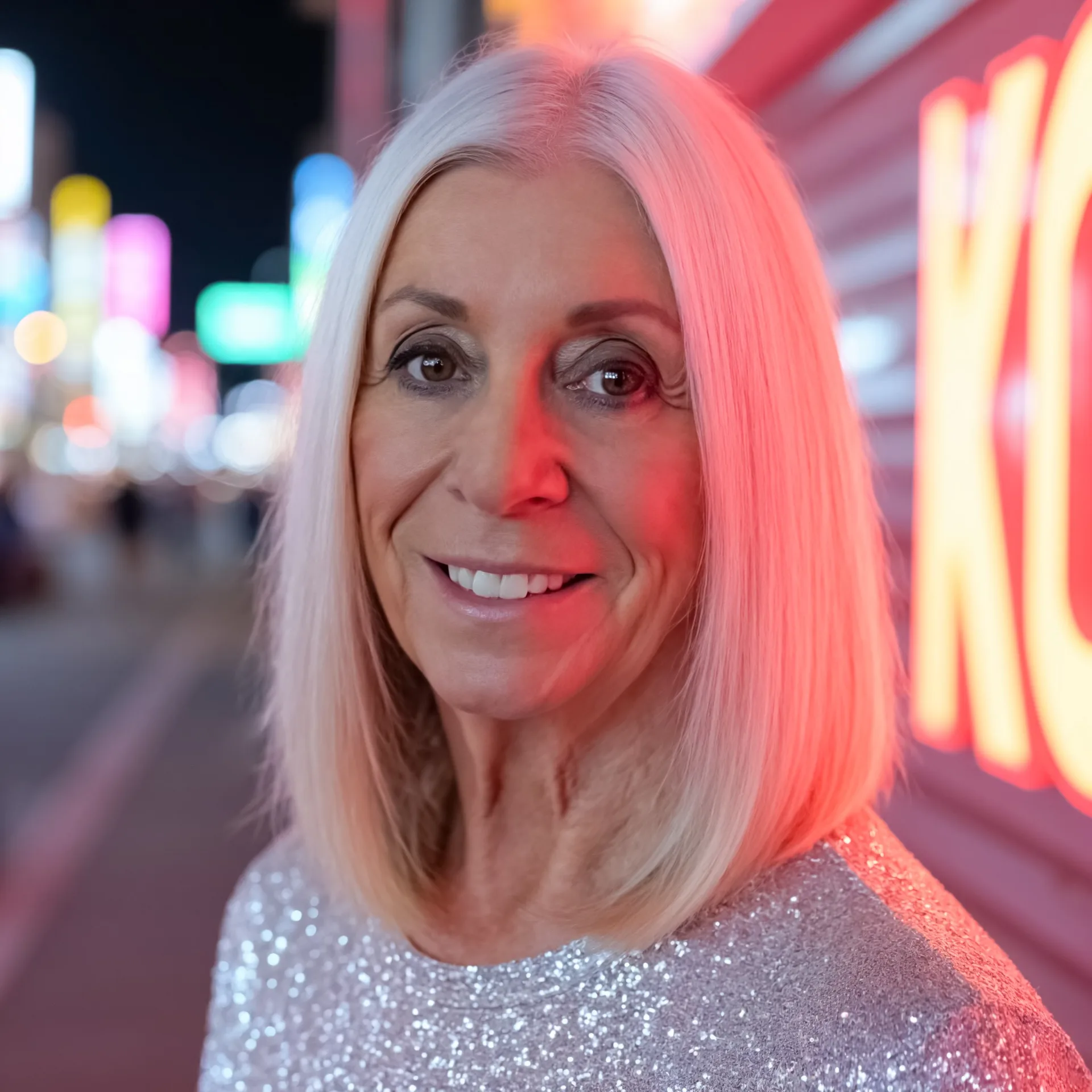 Tricia Manara, smiling Arizona real estate broker with platinum hair in a silver sequined top