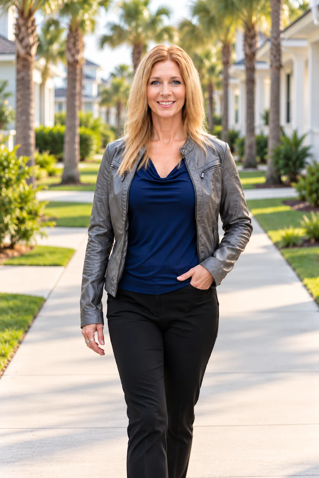 Kimberly Marsh walking in a tree-lined Myrtle Beach neighborhood