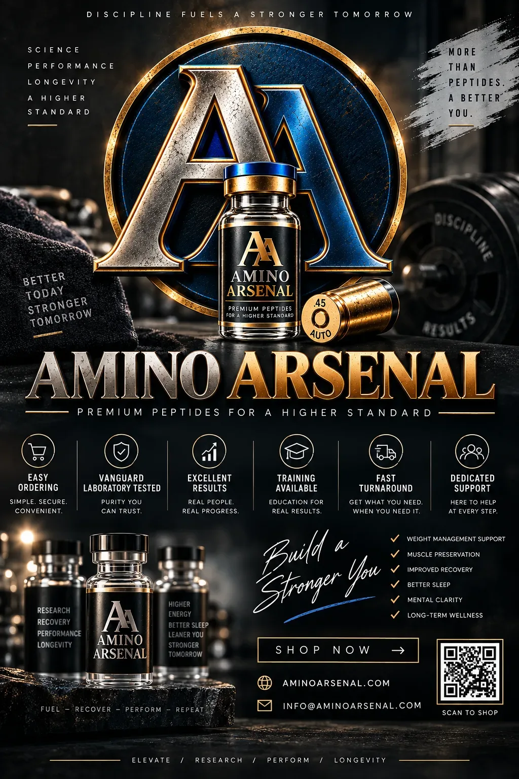 Amino Arsenal premium peptides flyer showing the brand standard