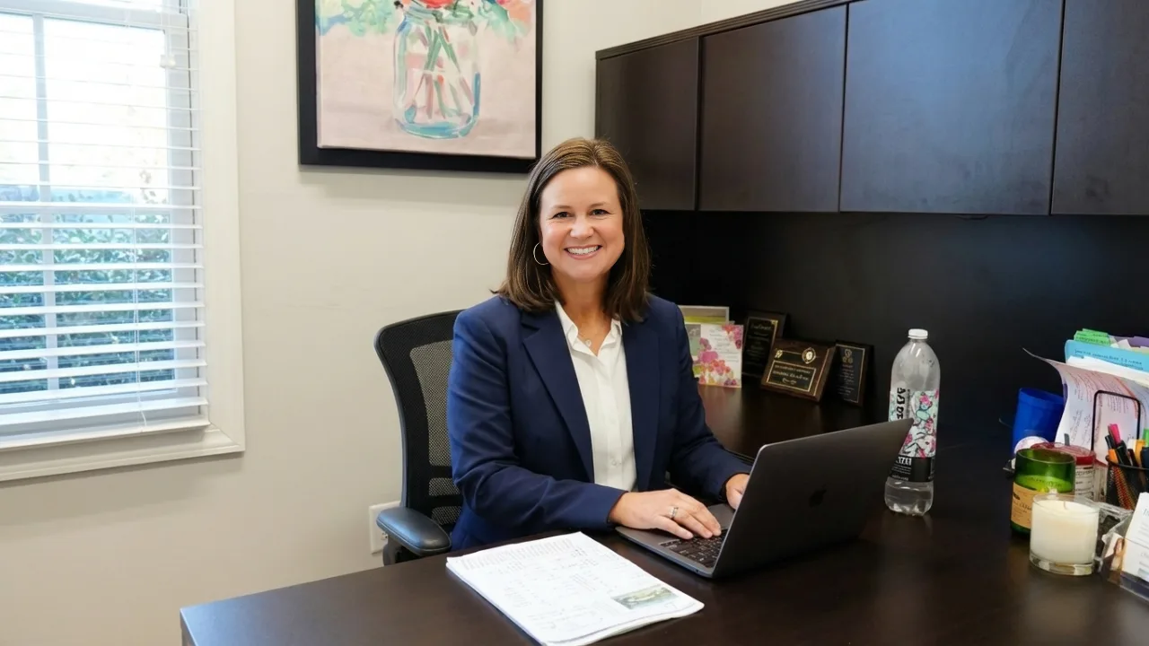 Rozi Dover at her desk at HomeLink Realty, smiling and ready to help with your Auburn and Opelika real estate questions