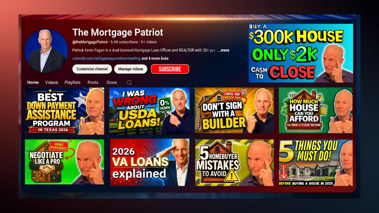 Patrick Kevin Fagan YouTube channel The Mortgage Patriot showing video thumbnails