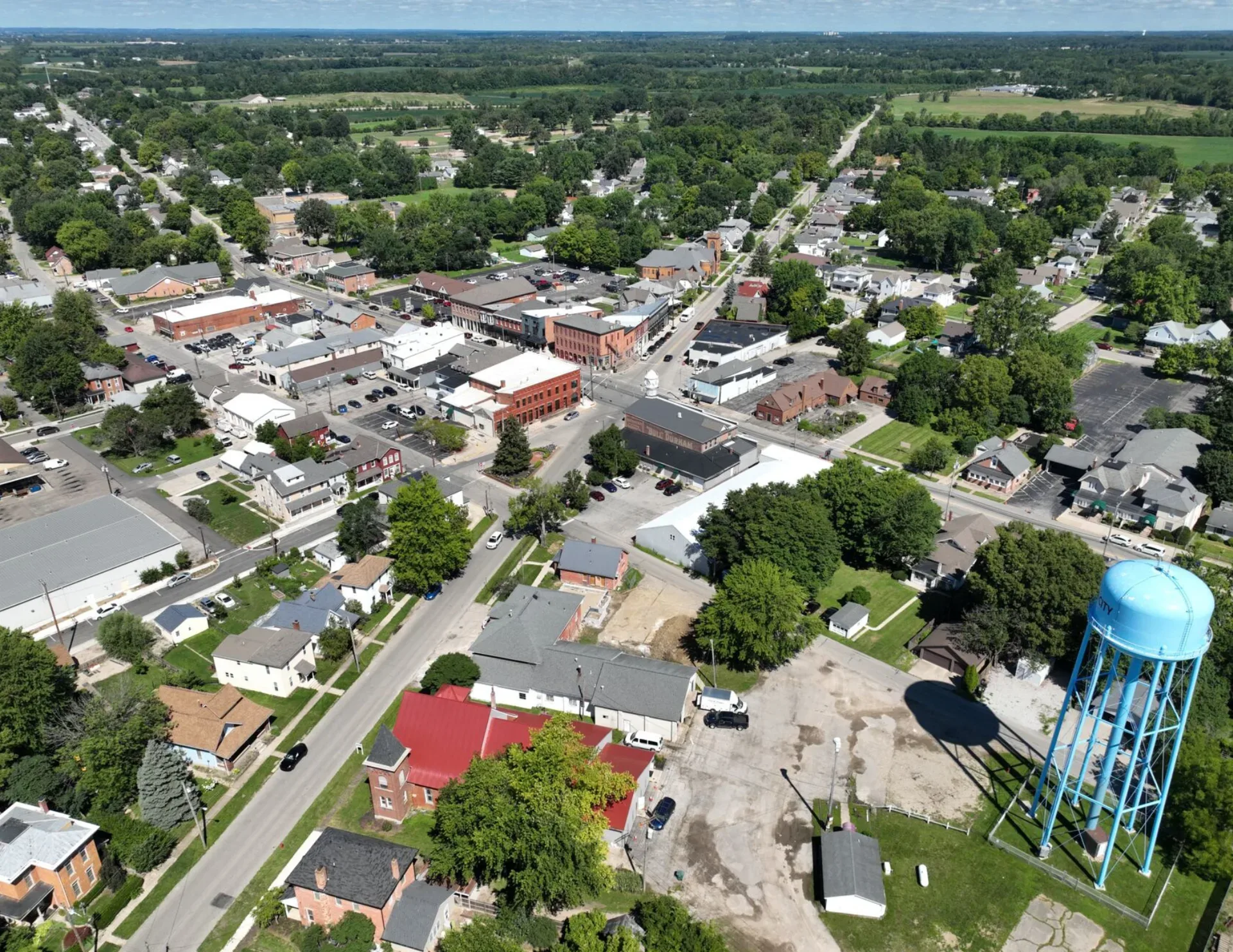Aerial view of Plain City, Ohio with its blue water tower