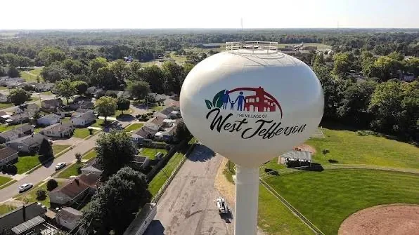 Aerial view of the West Jefferson, Ohio water tower