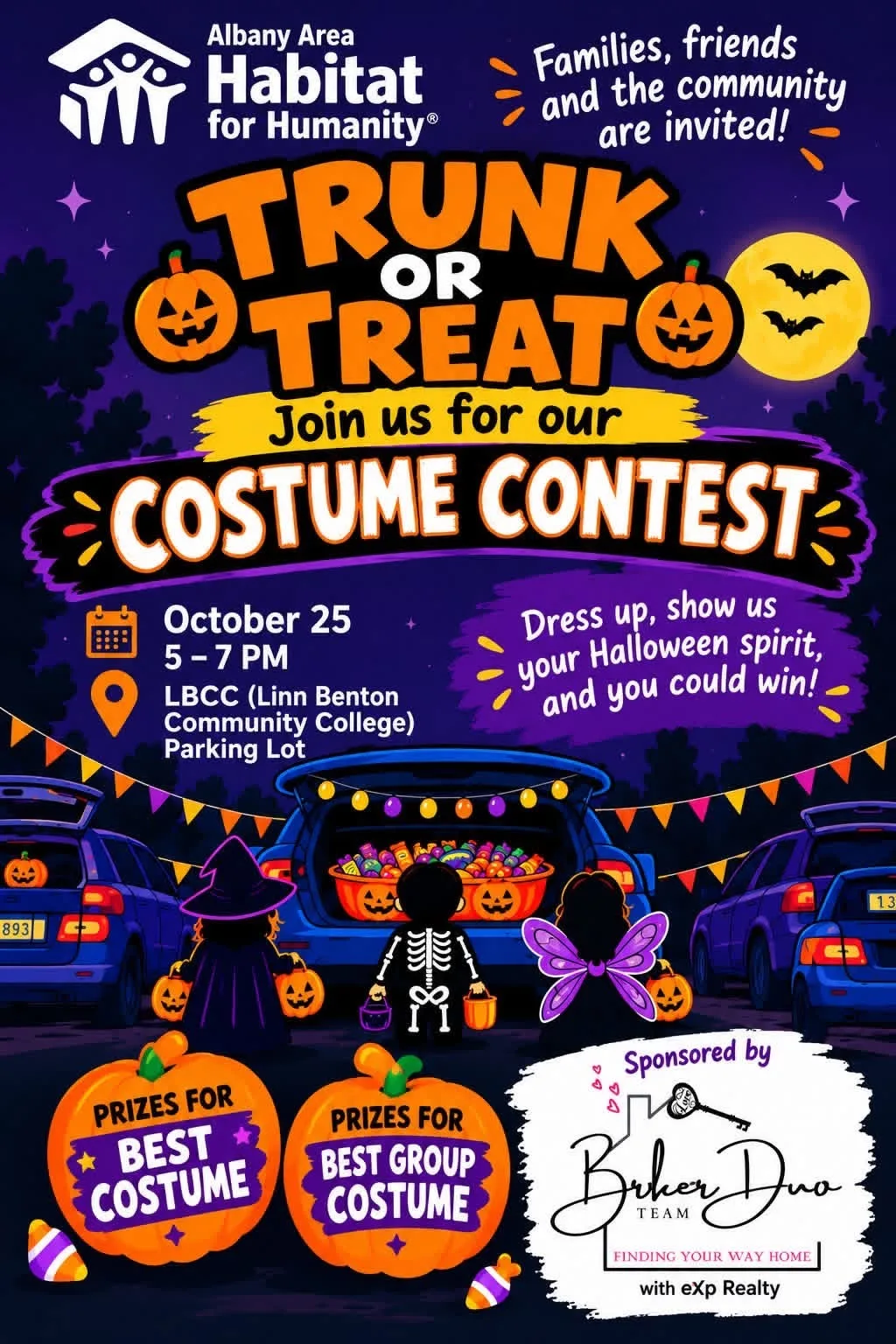 Trunk or Treat Costume Contest flyer sponsored by the Broker Duo Team at eXp Realty
